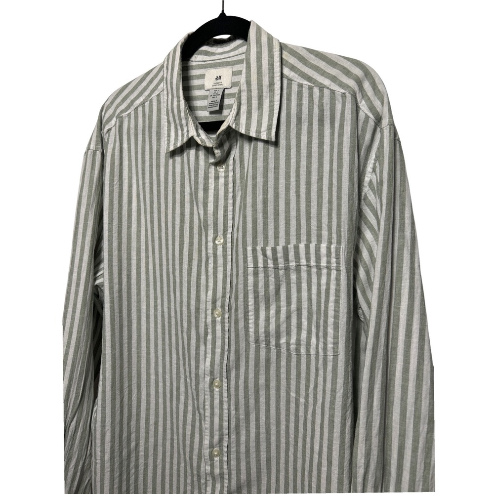 HM Mens Loose Fit Linen Blend Striped Button Down Shirt Green White Large L